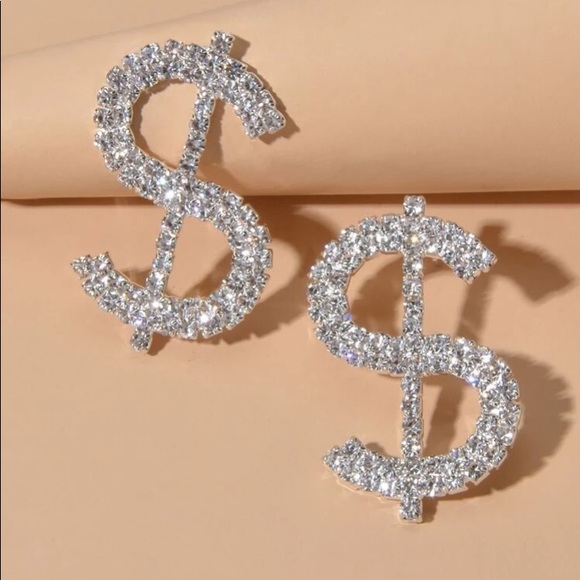 💵 Awesome Oversized Rhinestone Dollar Sign Money Earrings 💵 - Picture 3 of 4